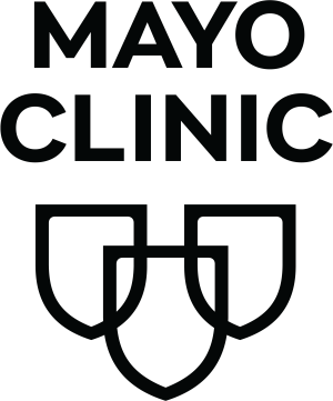 Mayo Clinic logo Description: All in black. Words at top: "Mayo" underneath "Clinic". Then underthat three interlocking outlines of shields